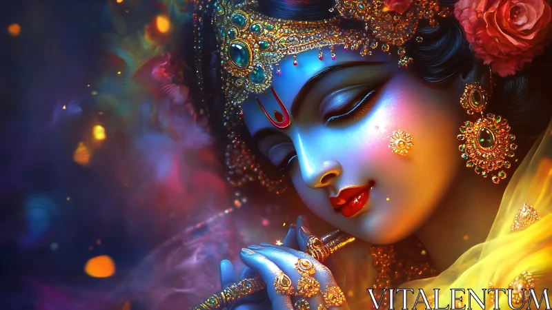 Blue divine musician with jeweled crown and glowing flute