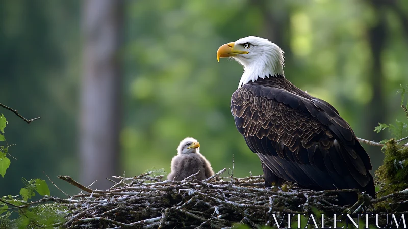 Bald eagle with chick in nest, natural wildlife photography style.