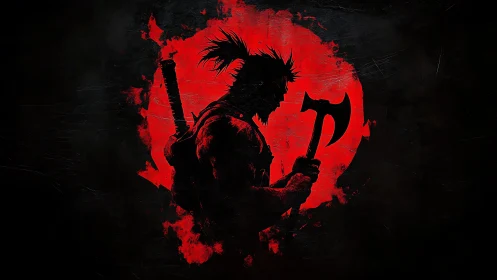 Silhouetted warrior concept art with blood-red circular backdrop.
