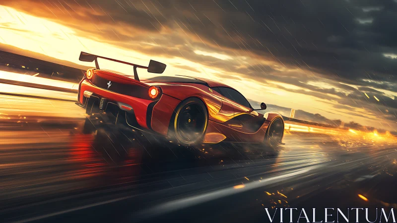Crimson hypercar slashes through a rain-lit molten highway.