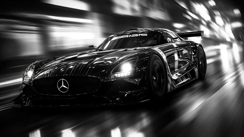 Mercedes race car slices through blurred neon city street