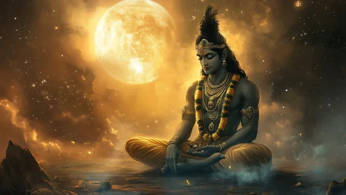 Blue-skinned figure meditates on water under large glowing moon