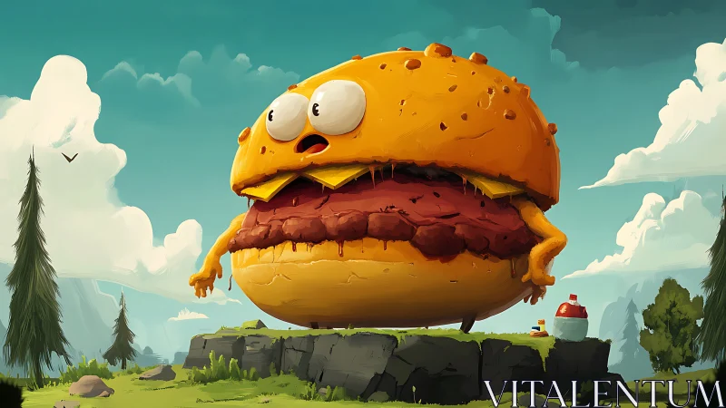 Giant cartoon burger monster surveys bright alpine meadow
