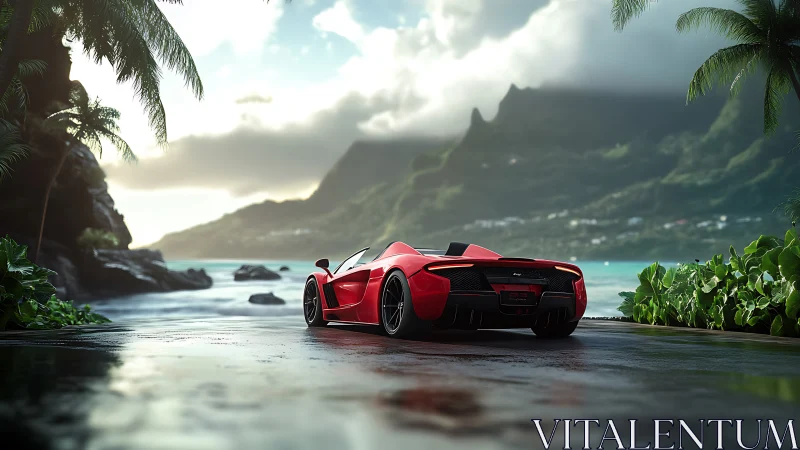 Red supercar parked on wet tropical coastal road.