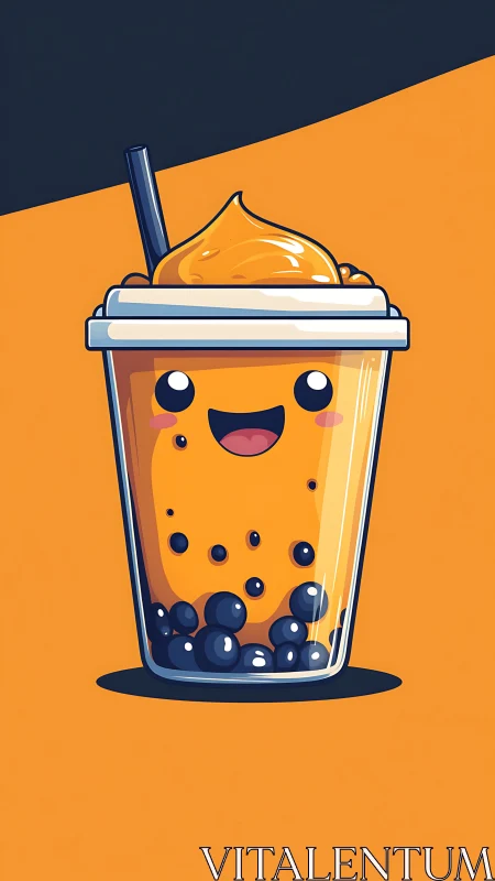 Cheerful bubble tea cup smiles brightly with creamy topping