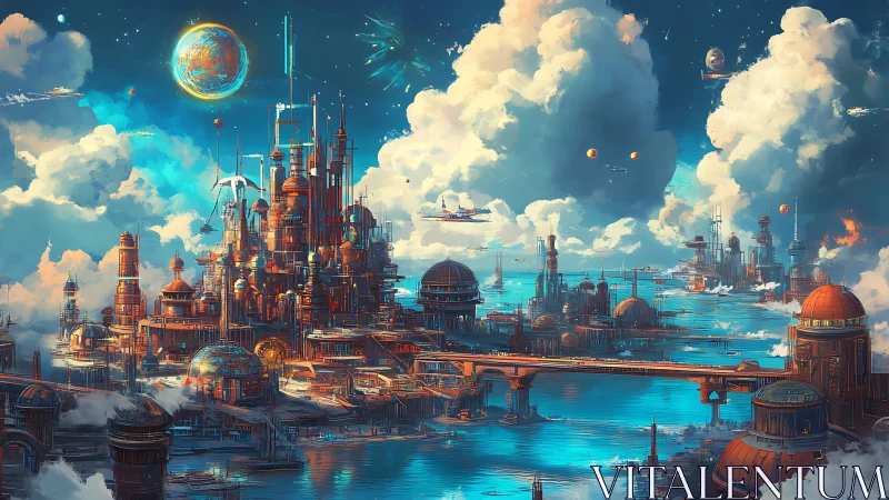 Futuristic ocean city glows beneath towering celestial skies.