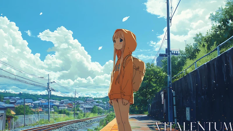 Sunlit girl in orange hoodie waiting by quiet rail tracks.