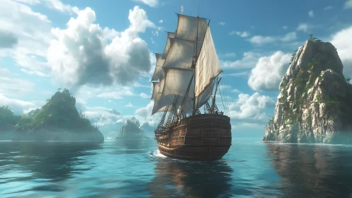 Sailing ship moving between rocky tropical islands at sea.