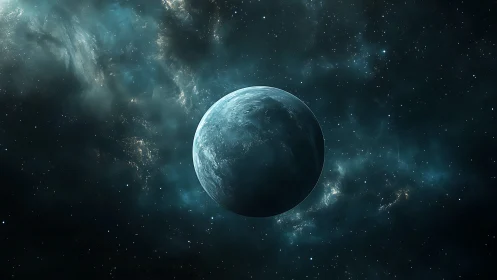 Mystic blue planet drifting softly through starlit space.