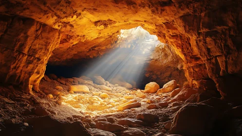 Sunlit rocky cave interior with warm orange stone walls.