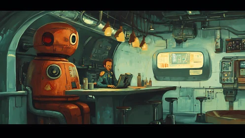 Retro-futurist robot and officer in pressurized bar canteen.