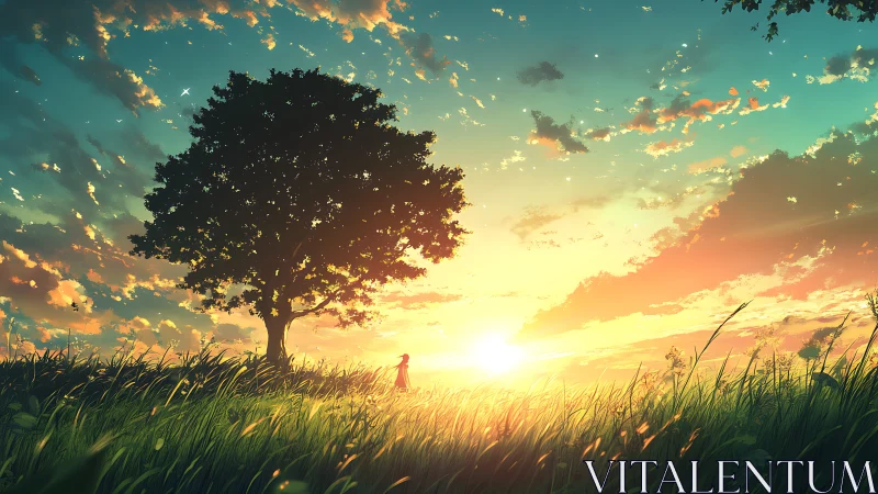 Backlit lone tree and silhouetted figure in high-saturation sunset field