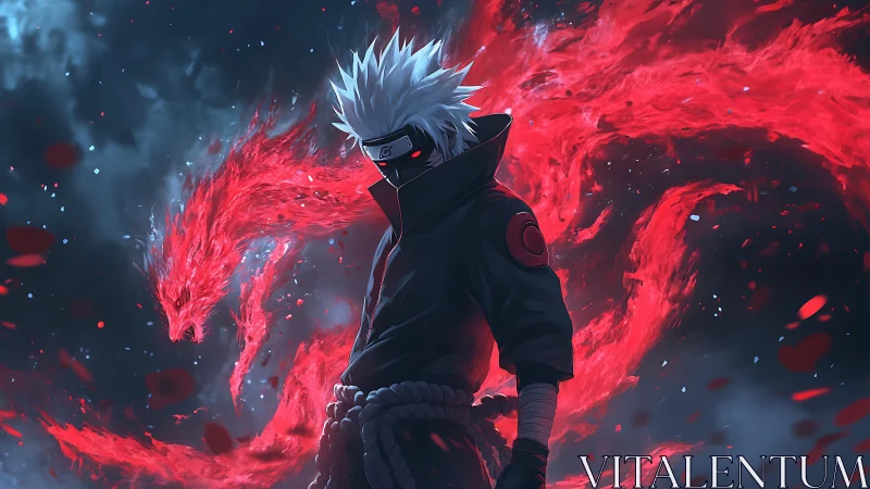 Masked white-haired figure stands before red energy serpent