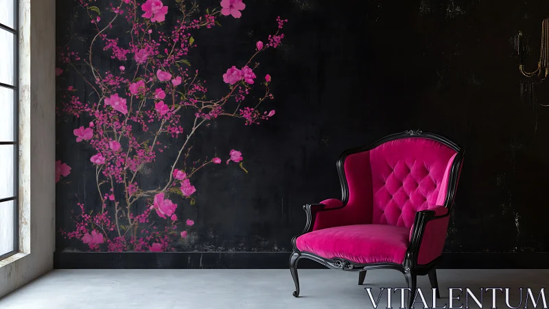 Magenta velvet armchair contrasts with dark floral mural wall