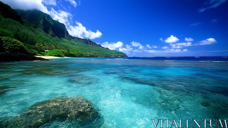 Tropical Lagoon with Verdant Cliffs and Crystalline Turquoise Waters.