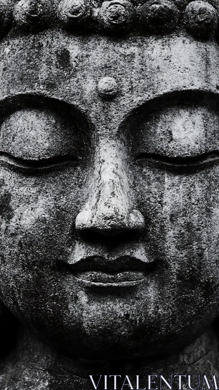 Stone Buddha face in tight monochrome meditative closeup.