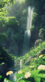 Photorealistic vertical waterfall in dense floral ravine