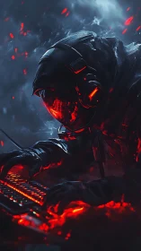 Hooded cyber hacker at glowing red keyboard in smoke