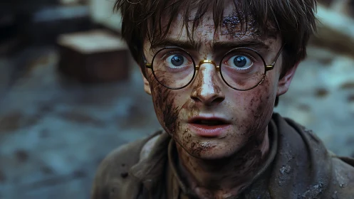 Mud-splattered kid with wide eyes caught mid-adventure.