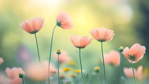Soft pink wildflowers sway in dreamy spring sunlight.