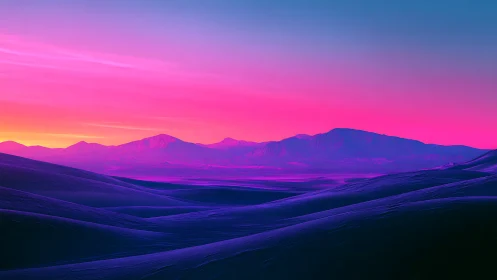 Neon desert dunes under vivid magenta twilight sky.