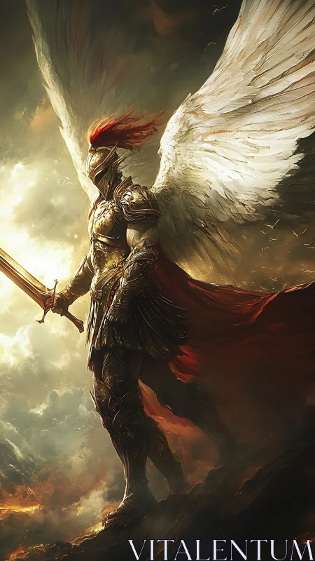 Winged warlord carves molten light through storming heavens