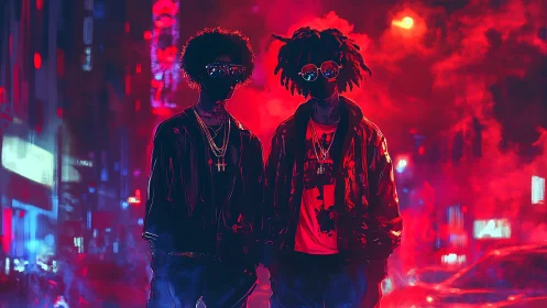 Neon night twins drift through vapor-lit cyber city streets