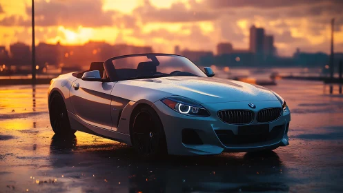 Sunlit city convertible waiting on a glowing wet pier.