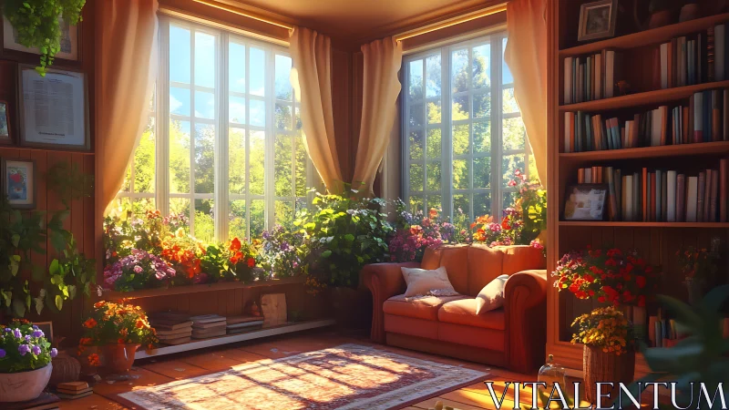 Sunlit reading nook glows with flowers and cozy warmth