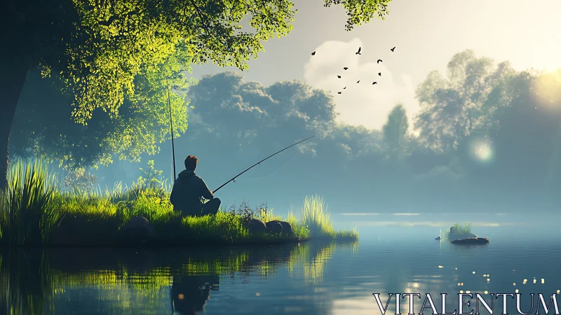 Quiet morning fishing by a sunlit, misty forest lake.