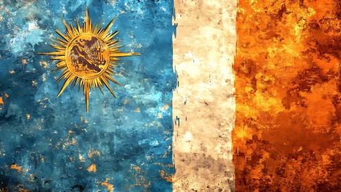 Grunge textured flag with sun emblem and tricolor layout.