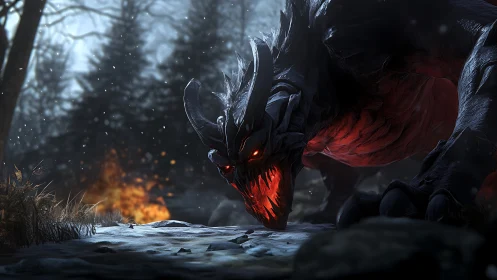 Horned infernal creature in snowy forest with distant fire.