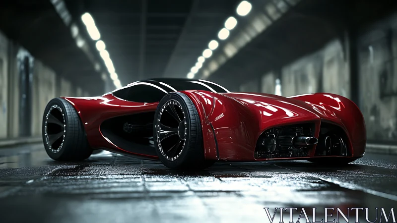 Futuristic red concept car parked in a wet tunnel environment