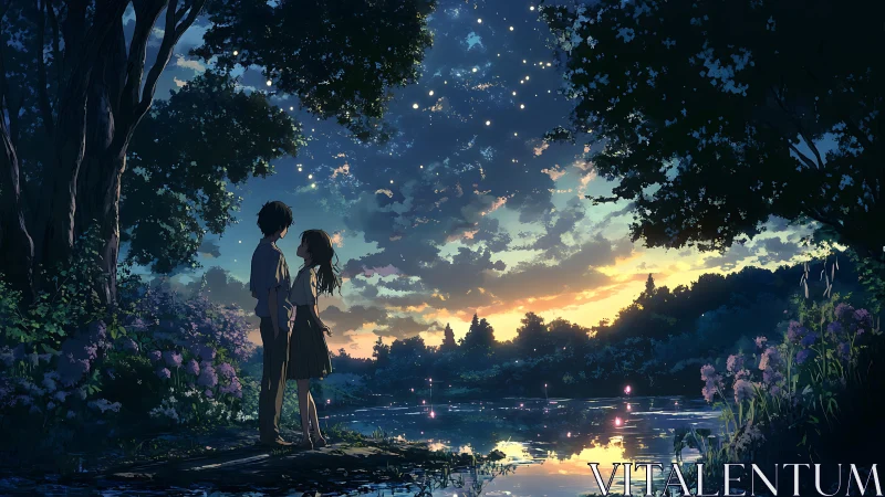 Starlit young couple share a quiet moment by a glowing lake