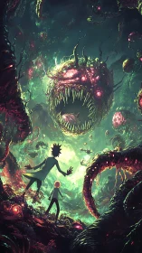 Bioluminescent alien abyss engulfs silhouetted explorers below