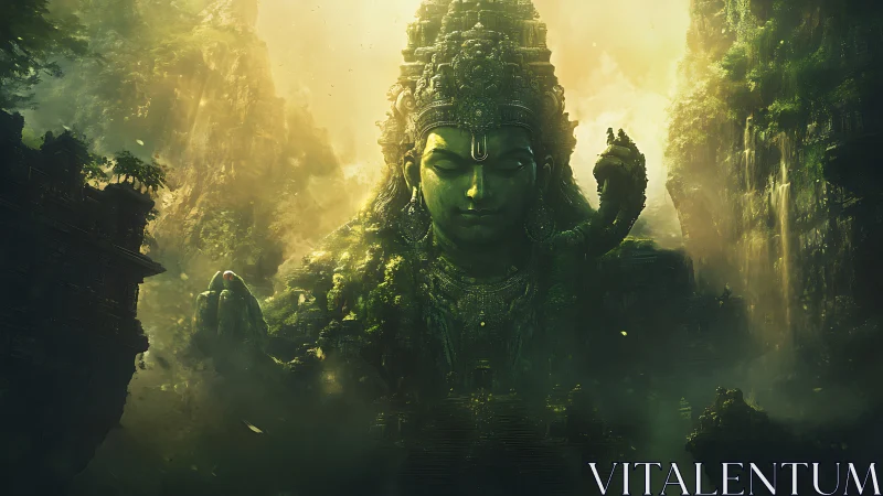 Emerald colossus dreams quietly beneath jungle light veils