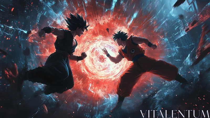 Twin warriors collide before a shattering cosmic vortex.