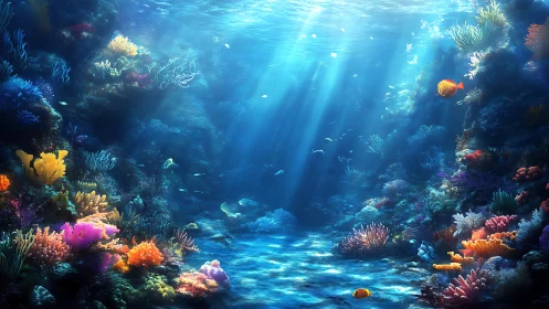 Sunlit coral canyon where quiet fish drift and colors glow.