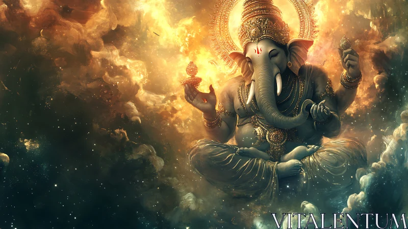 Celestial Lord Ganesha meditates amid radiant cosmic clouds