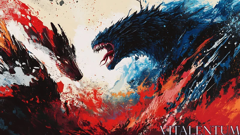 Two opposing dragon forms engage within abstract color fields