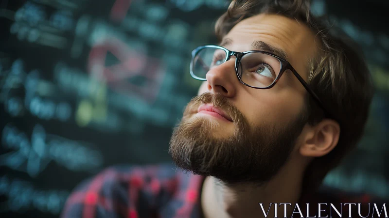 Thoughtful bearded man in glasses in front of chalkboard.
