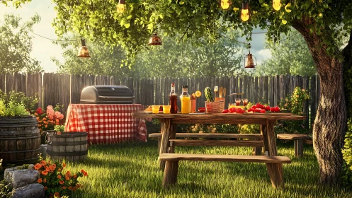 Backyard picnic table stands prepared under tree lighting