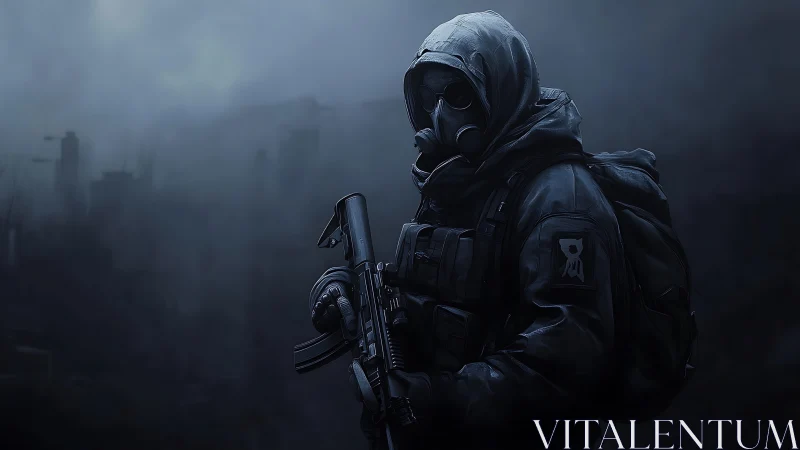 Postapocalyptic soldier scans toxic ruins in cold fog.