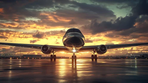 Sunlit jet ready for takeoff under a glowing evening sky.