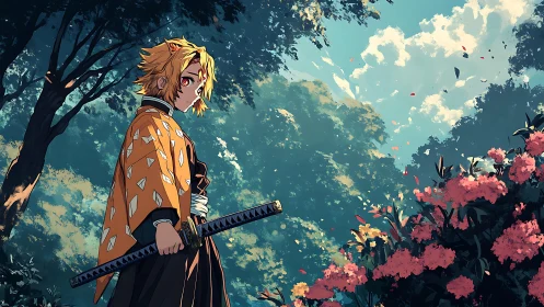Anime swordsman in patterned haori surveys luminous forest edge