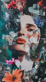 Floral collage portrait with fragmented urban textures.