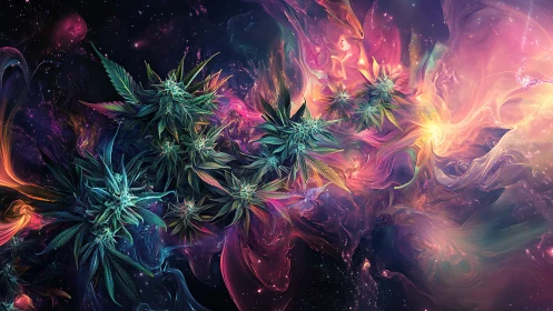 Galactic Hemp Constellation Amid Prismatic Nebulae Bloom.