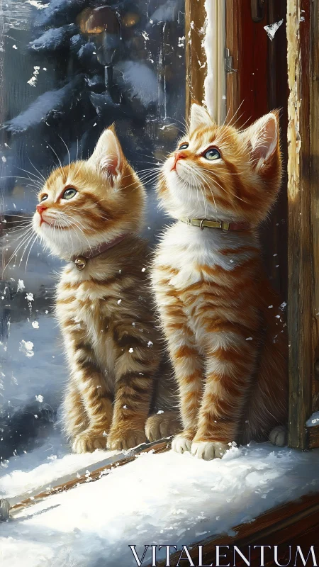 Two Ginger Kittens Gaze Wistfully at Winter's Snowy Mystery.