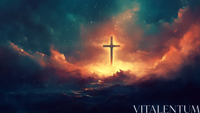 Luminous cross emerging above stormy ocean under star field