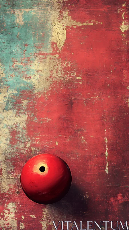 Red spherical object centered on distressed painted board